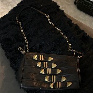 Rebecca Minkoff Black Leather Shoulder Bag with Gold Accents